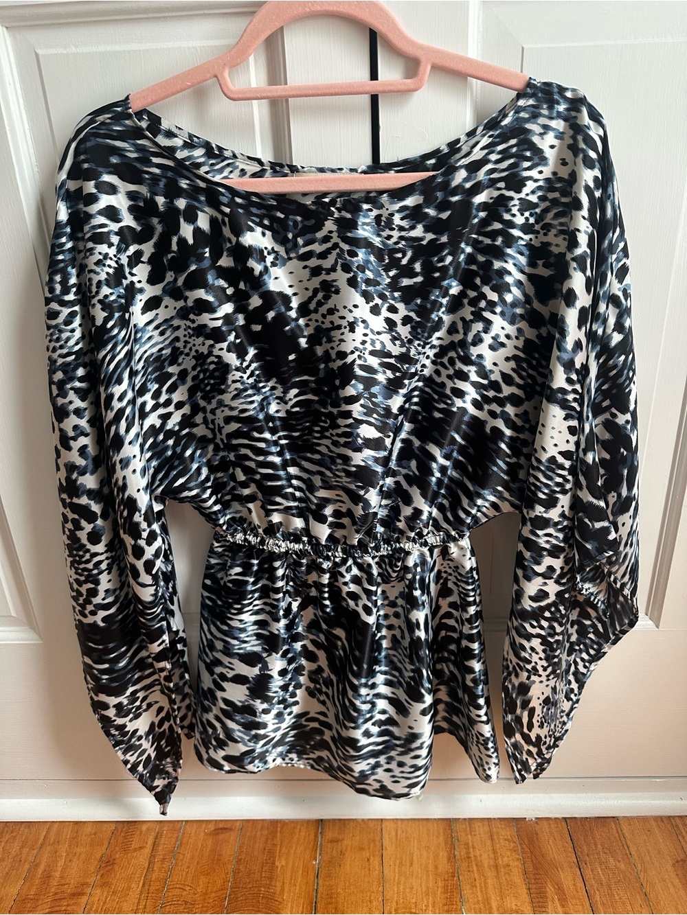 Arden B Black, blue  and White Animal Print Peplum Blouse